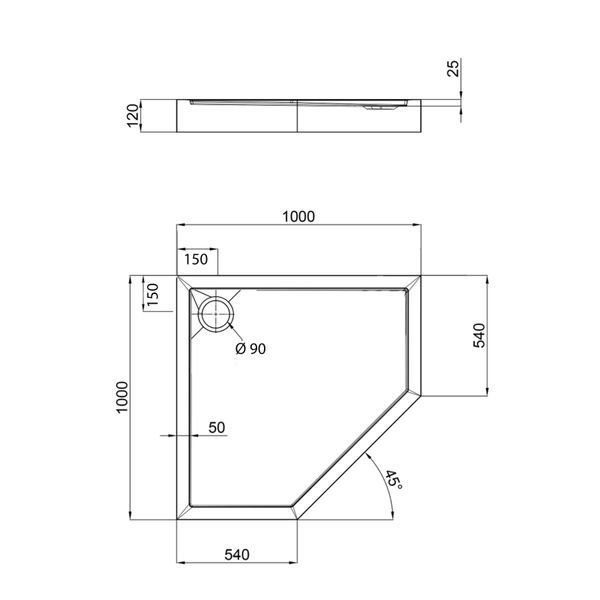 Душовий піддон Diamond 301112, 100x100x12 см, п'ятикутний, акриловий + ніжки, діаметр зливу 90 мм Qtap  SD00046993 фото