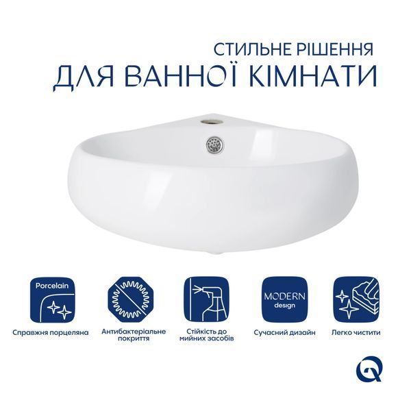 Комплект Qtap Leo N: Раковина підвісна угловая овальна 380x360x130 мм WHITE + Донний клапан PU02O  SD00053455 фото