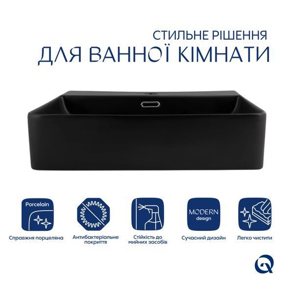 Комплект Qtap Nando LT: Раковина підвісна прамокутна 500х420х130 мм Matt Black + Донний клапан PU03O  SD00053446 фото