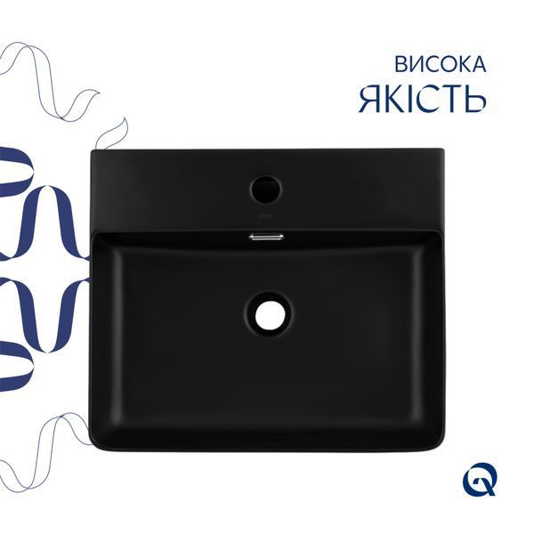 Комплект Qtap Nando LT: Раковина підвісна прамокутна 500х420х130 мм Matt Black + Донний клапан PU03O  SD00053446 фото